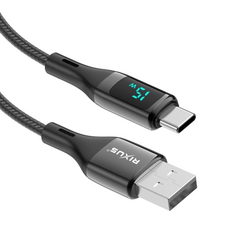 Rixus RXUC28AC Braided USB To USB-C Cable With LED Display 1m Black