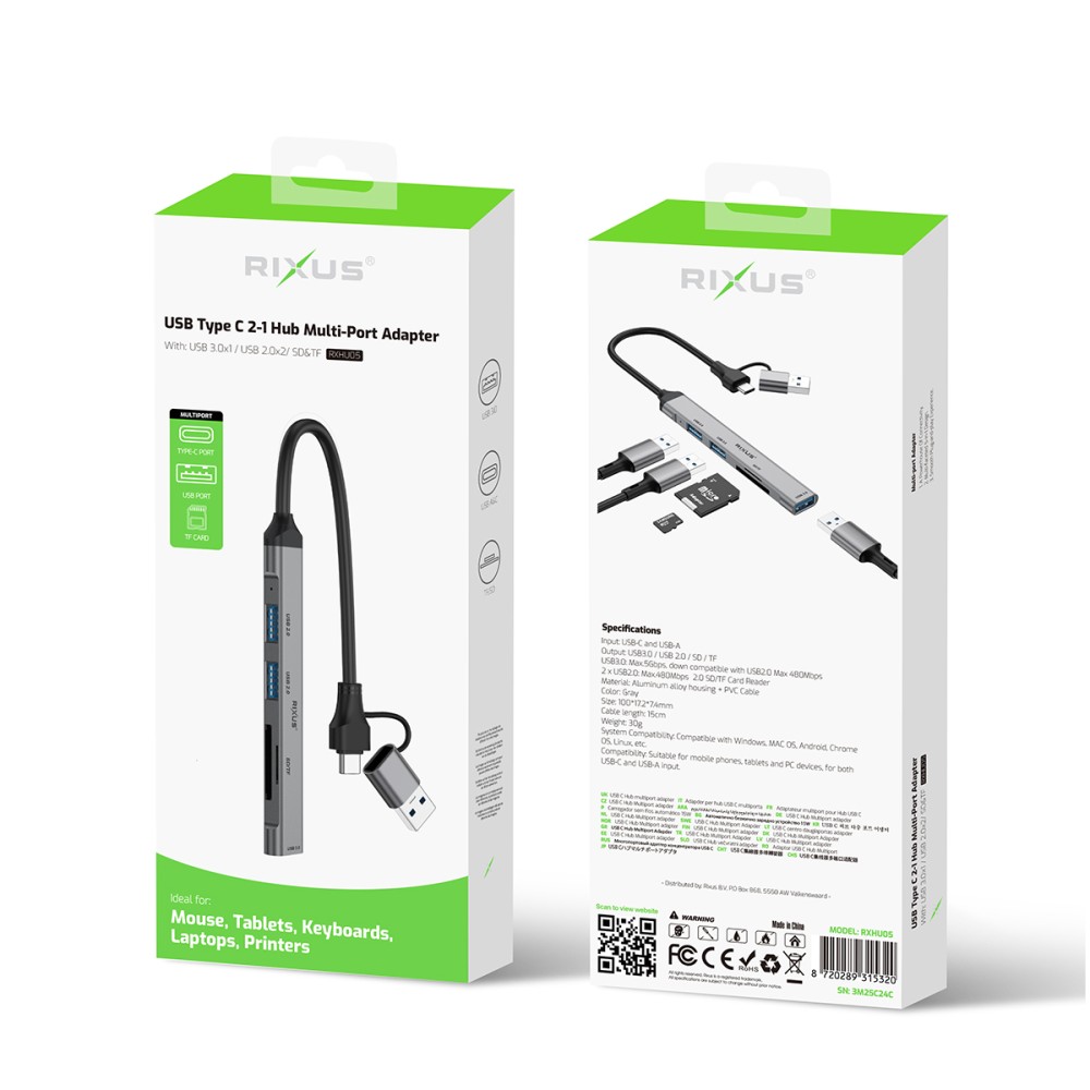 Rixus RXHU05 USB Type C 2-1 Hub Multiport Adapter