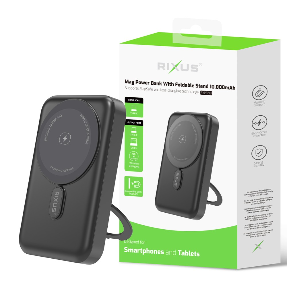 Rixus RXPB71B MagSafe Powerbank 10.000mAh With Foldable Stand Black